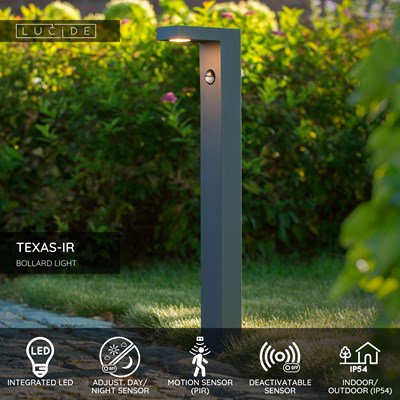 Lucide TEXAS-IR - Bollard light - LED - 1x7W 3000K - IP54 - Motion & Day/Night Sensor (deactivatable) - Anthracite